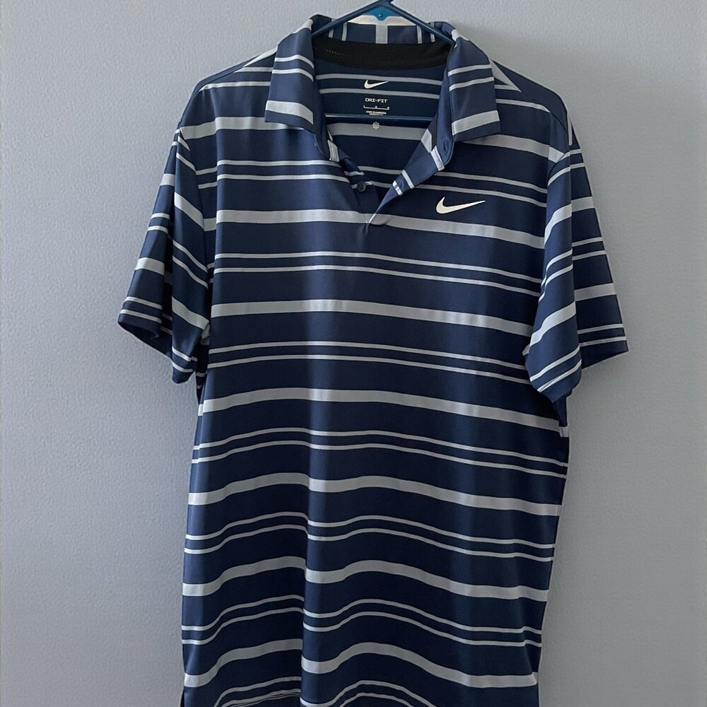 Nike Dri-FIT Striped Polo Shirt Men’s Large Blue White Golf Performance Top - Picture 2 of 6